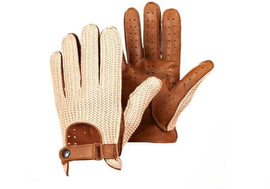 Women's crochet driving gloves camel brown deerskin
