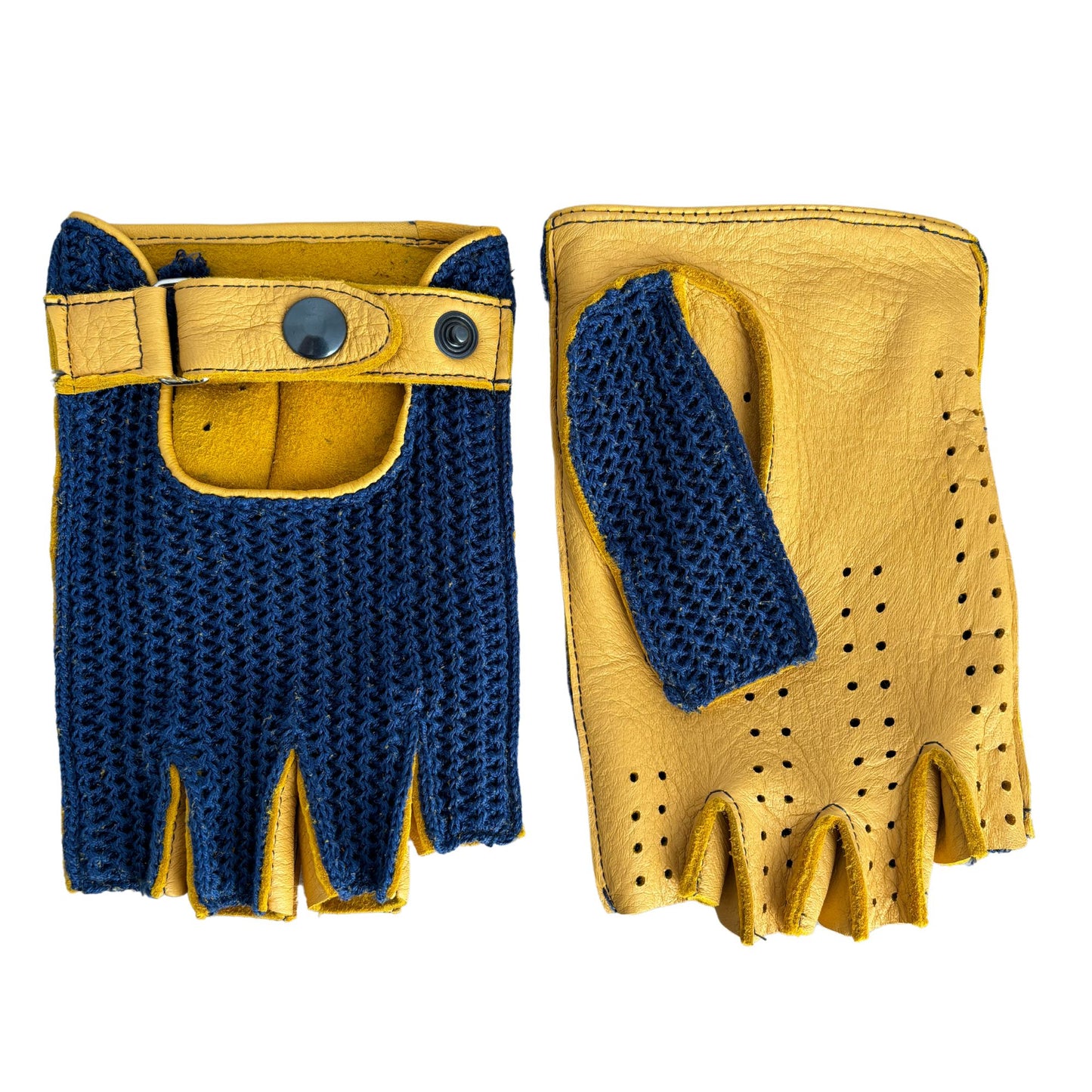Gehäkelte fingerlose Lederhandschuhe für Herren - Blau & Gelb
