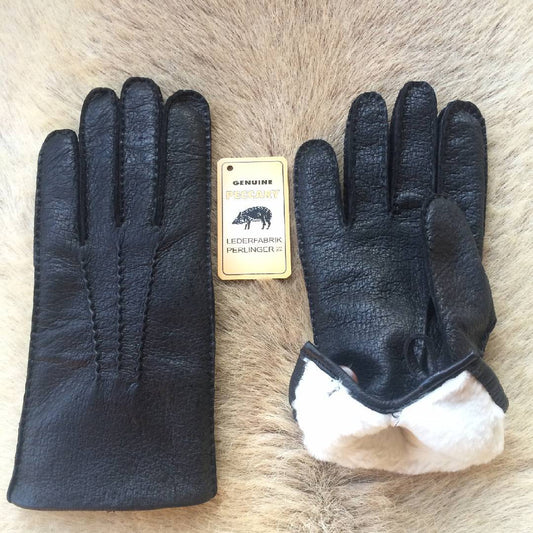 Womne's Black Peccary Leather Winter Gloves – Rabbit Fur Lined with Button Closure