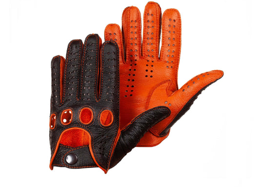 Men’s Deerskin Leather Driving Gloves – Orange & Black, Handmade