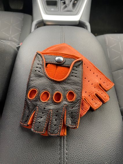 Men's fingerless leather gloves deerskin black orange