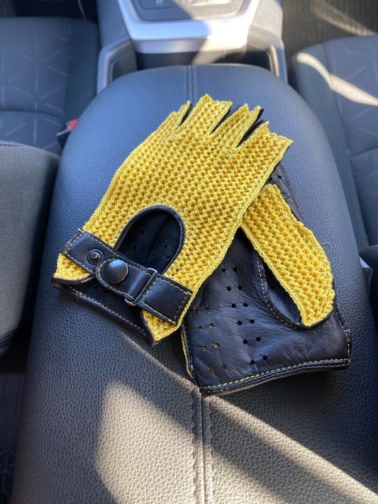 Women's crochet fingerless leather gloves black yellow