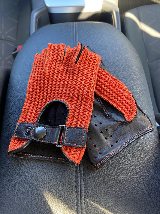 Women's crochet fingerless leather gloves black orange