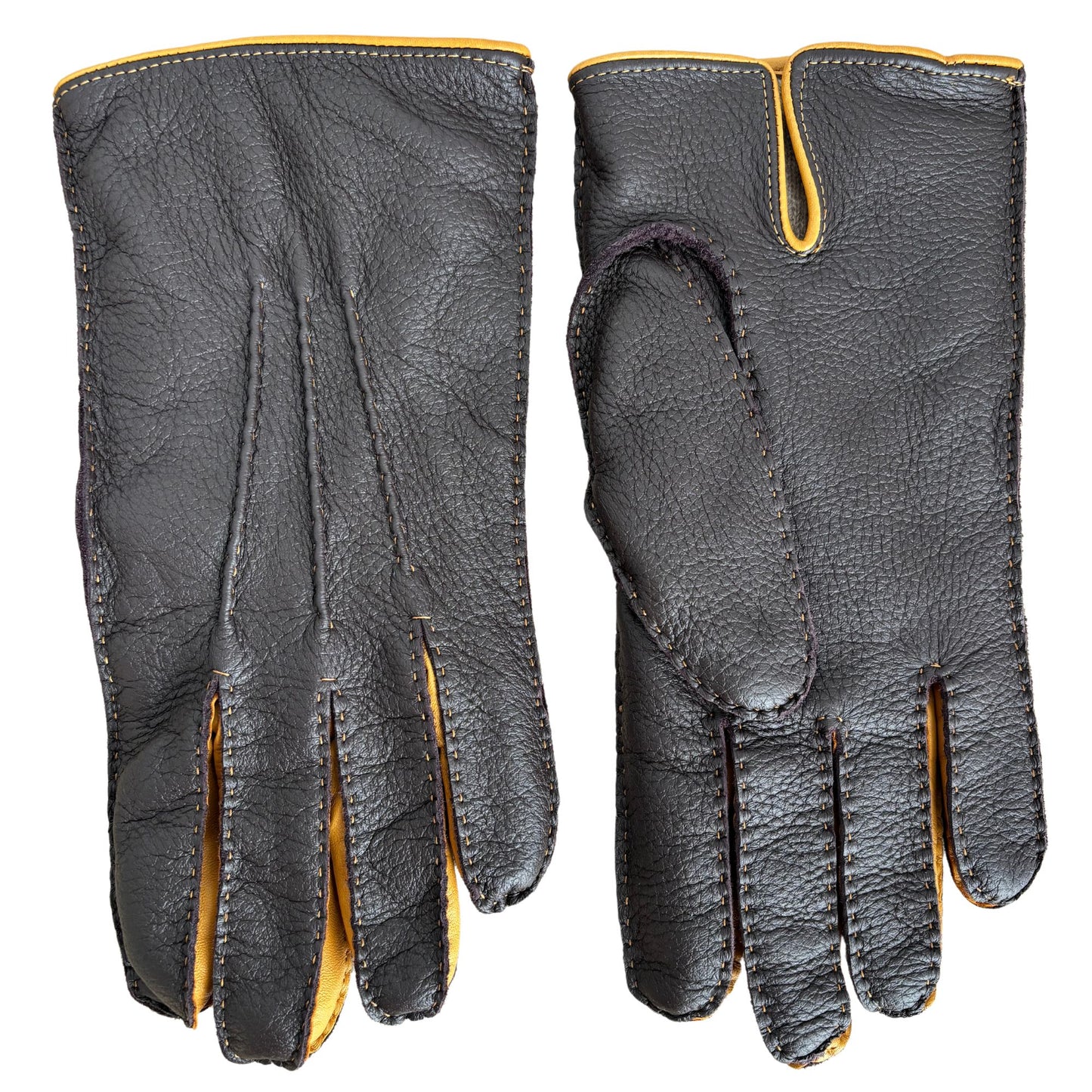 Men's deerskin winter leather gloves dark brown yellow hand sewn
