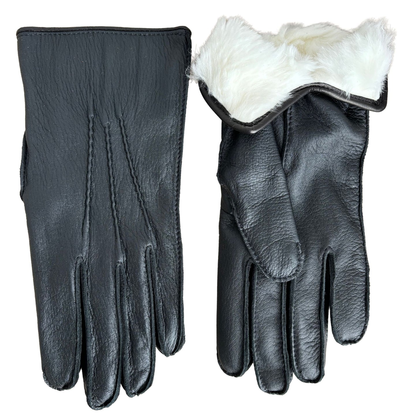 Women's deerskin winter leather gloves black with rabbit fur lining