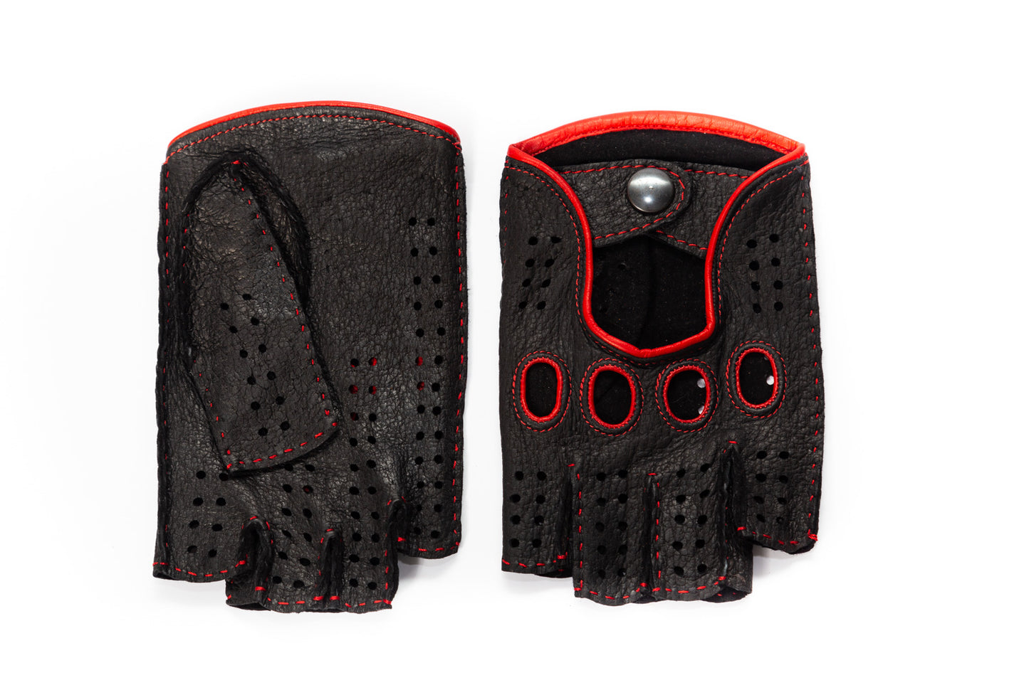 Women's peccary fingerless leather gloves black red