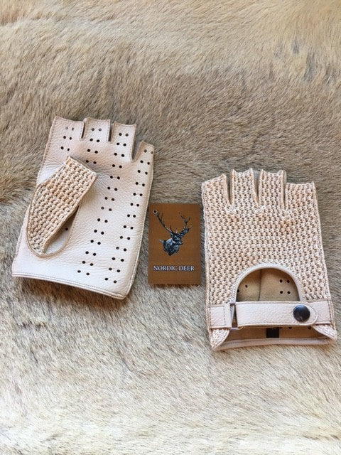 Women's crochet fingerless leather deerskin beige