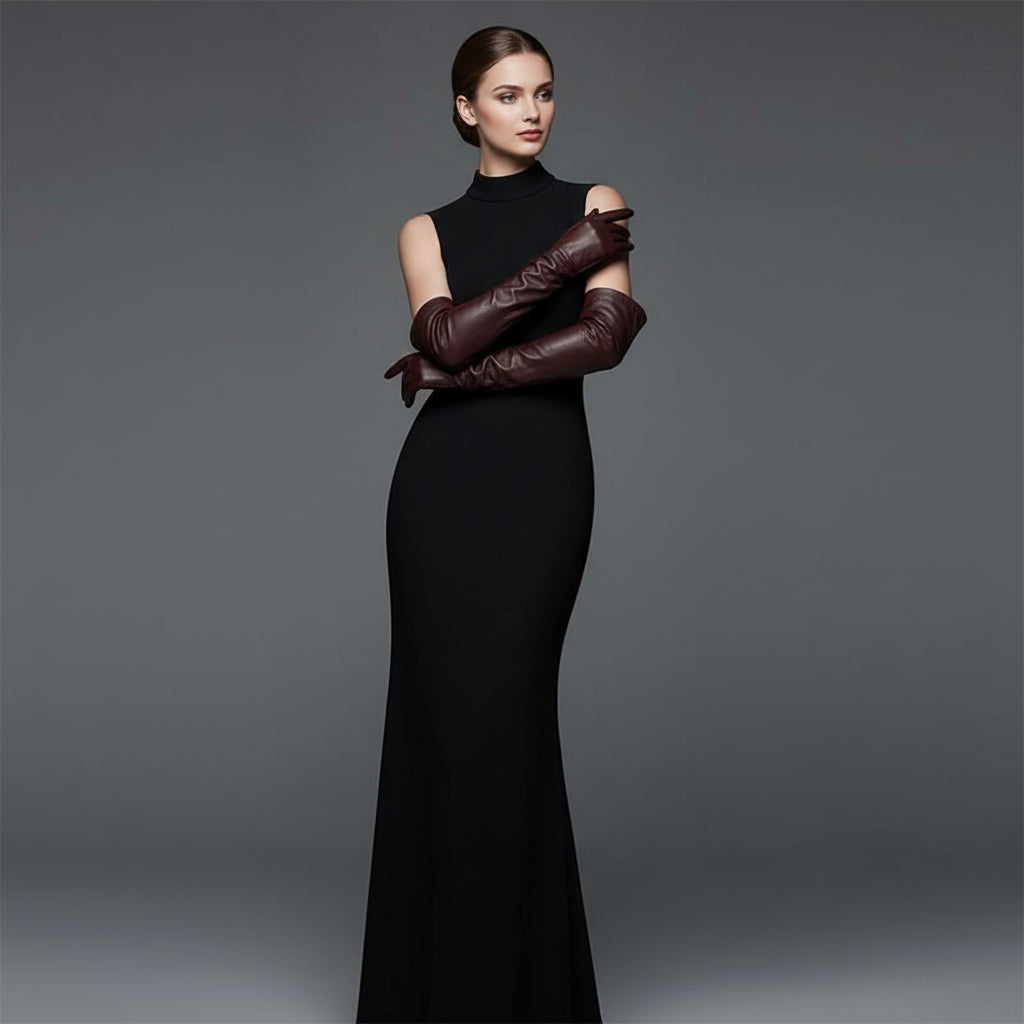 Women's opera long leather gloves Burgundy