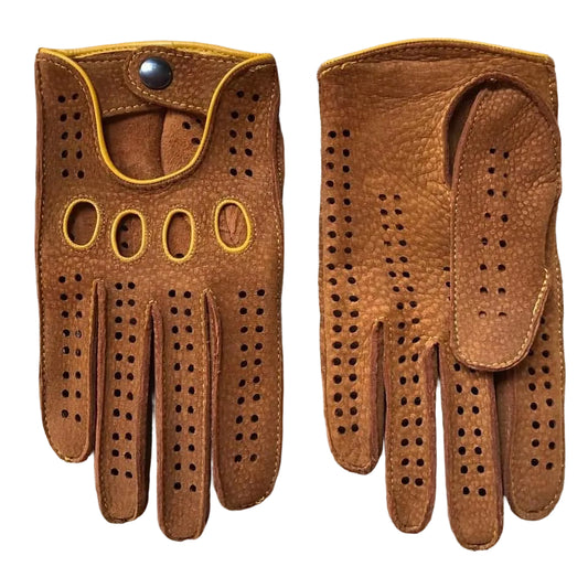 Carpincho Leather Driving Gloves – Cognac with Yellow Stitching for Men