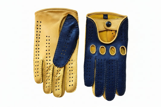 Men’s Deerskin Driving Gloves – Navy Blue Top with Yellow Palm & Yellow Stitching