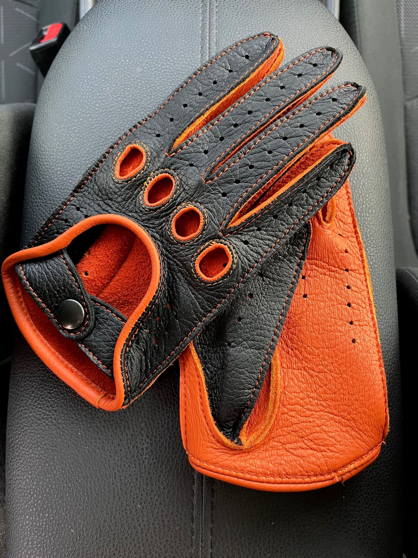 Women's driving gloves black orange deerskin