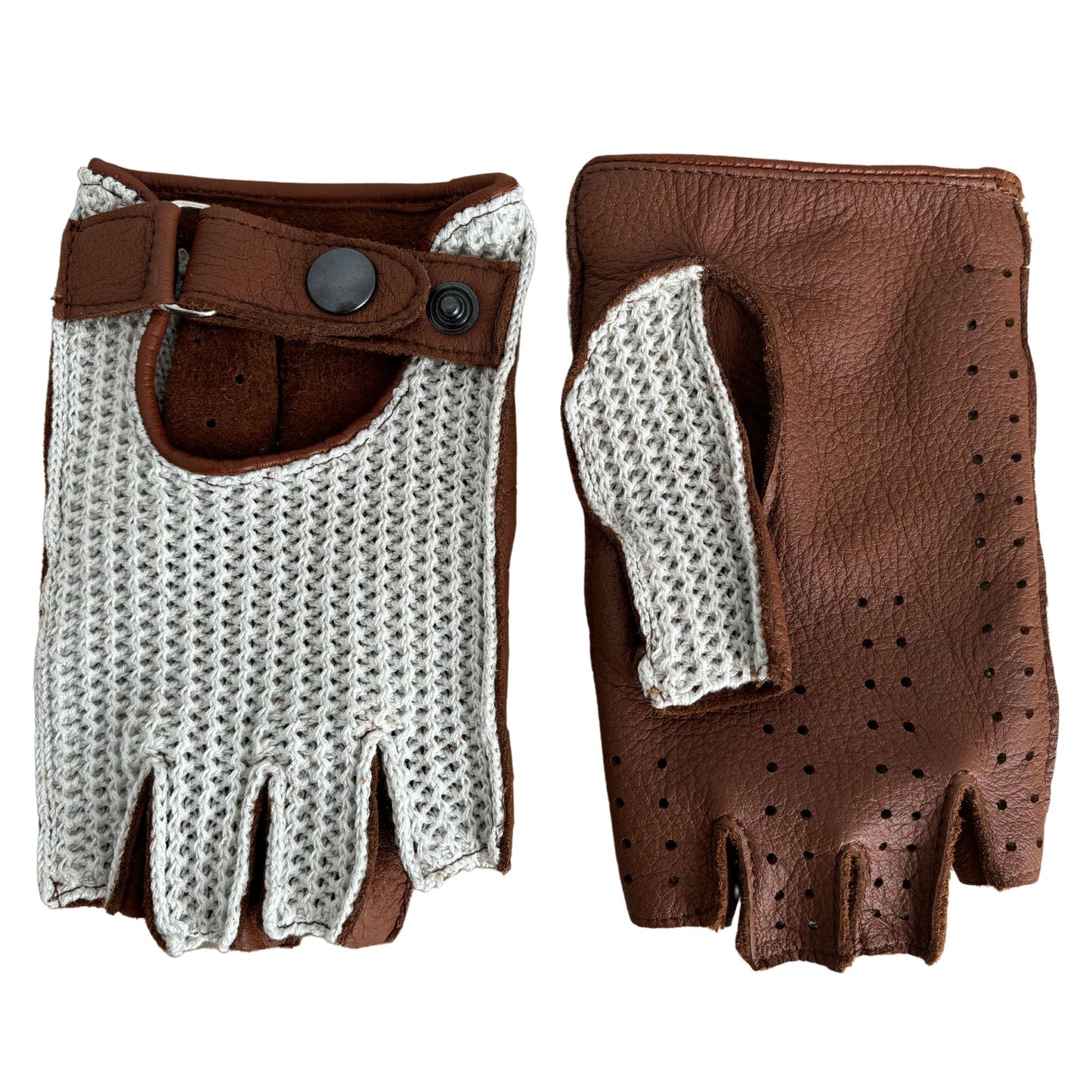 Men’s Crochet Fingerless Leather Gloves - Cognac