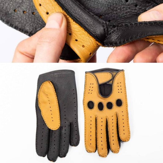 Women's Deerskin Driving Gloves with Velcro Closure – Black & Yellow, Comfort Fit
