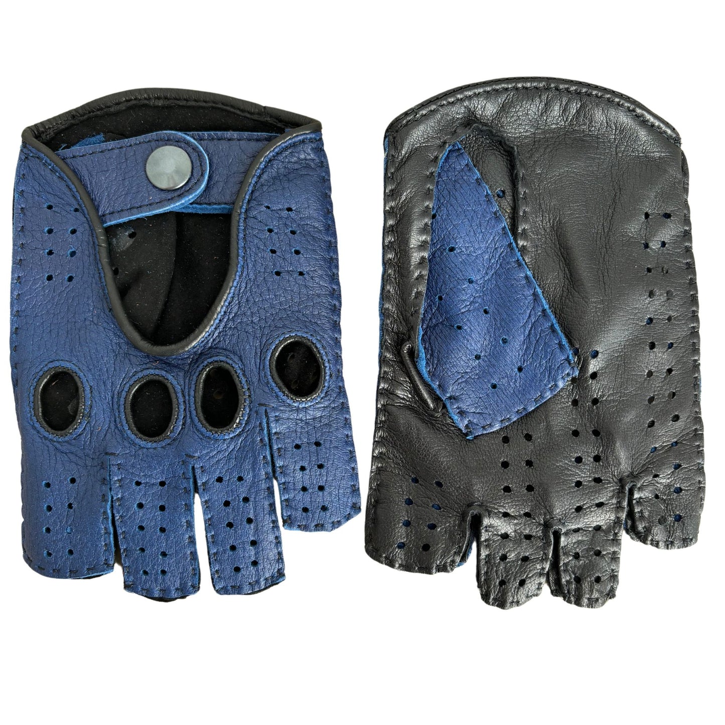 Men's fingerless leather gloves deerskin black blue