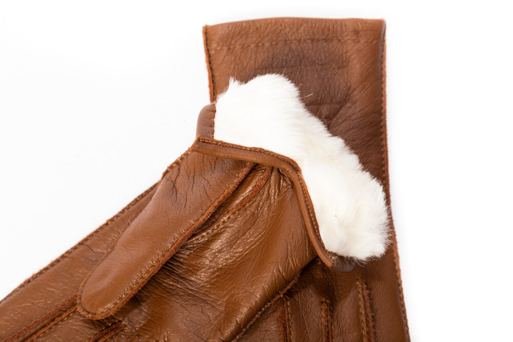 Men's deerskin winter leather gloves camel brown with rabbit fur lining