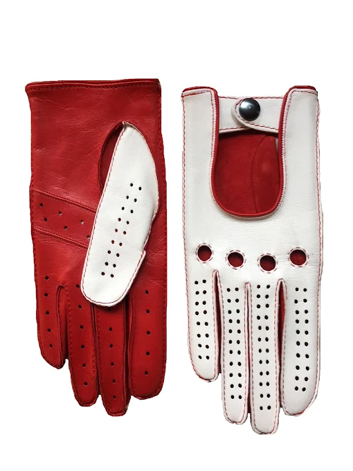 Women's Driving Gloves Lambskin Leather Hand Made Red White