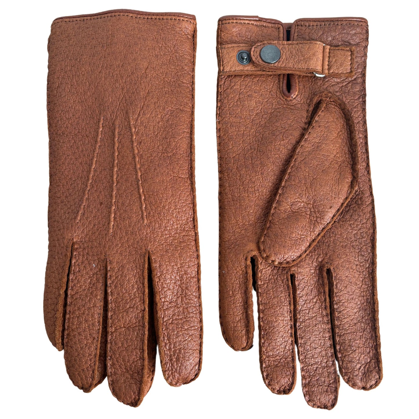 Men's peccary winter leather gloves strap closure cashmere lined cognac