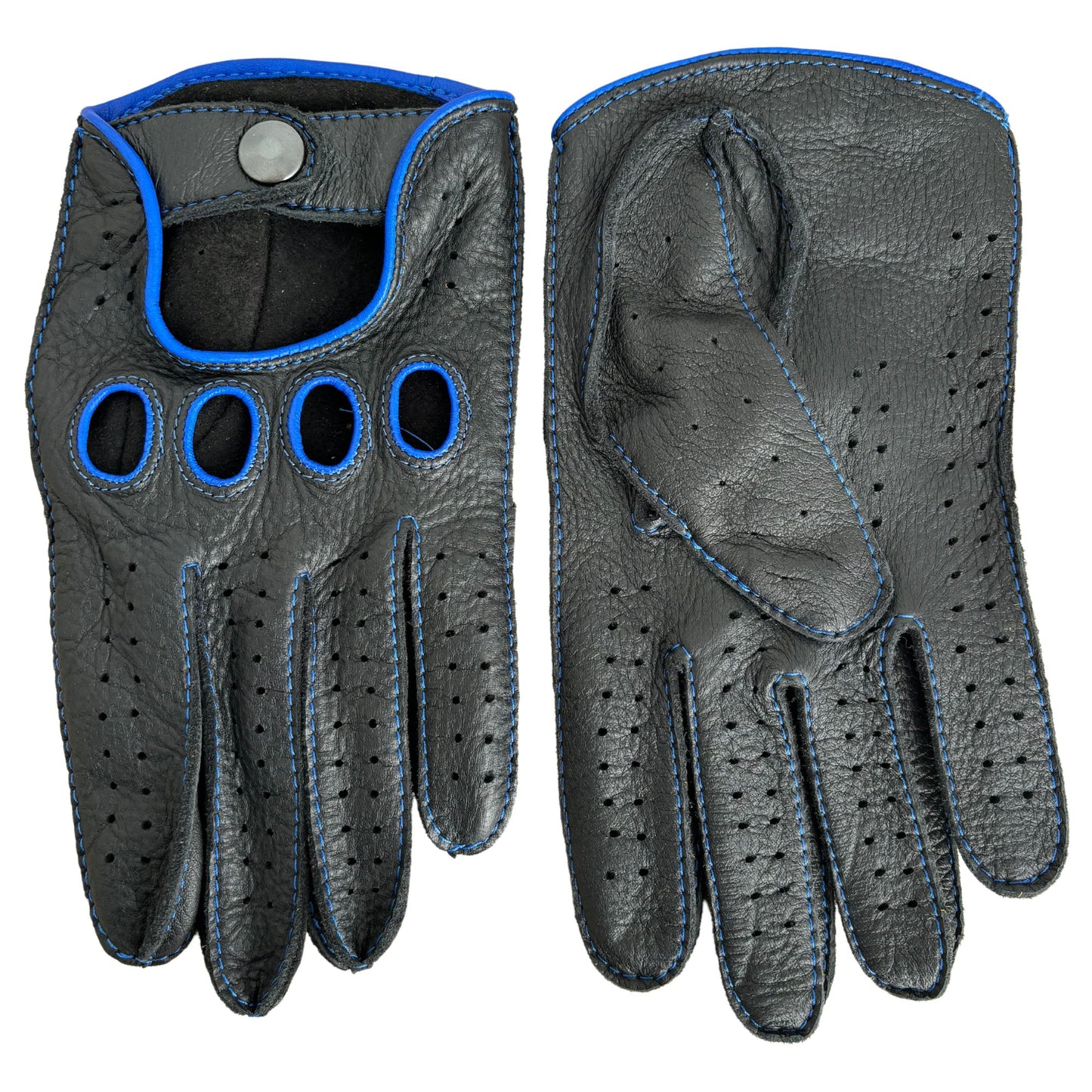 Men's leather driving gloves deerskin black with blue stitching