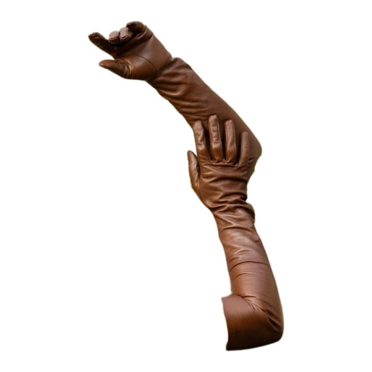 Women's opera long leather gloves Cognac