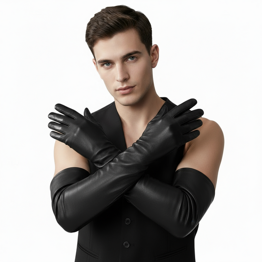 Men’s Opera Long Leather Gloves – Black, Silk Lined, 40–42 cm