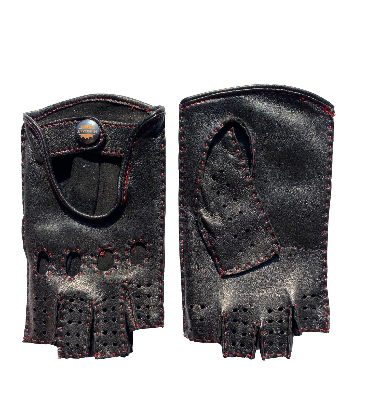 Women's lambskin fingerless leather gloves black with red sewing