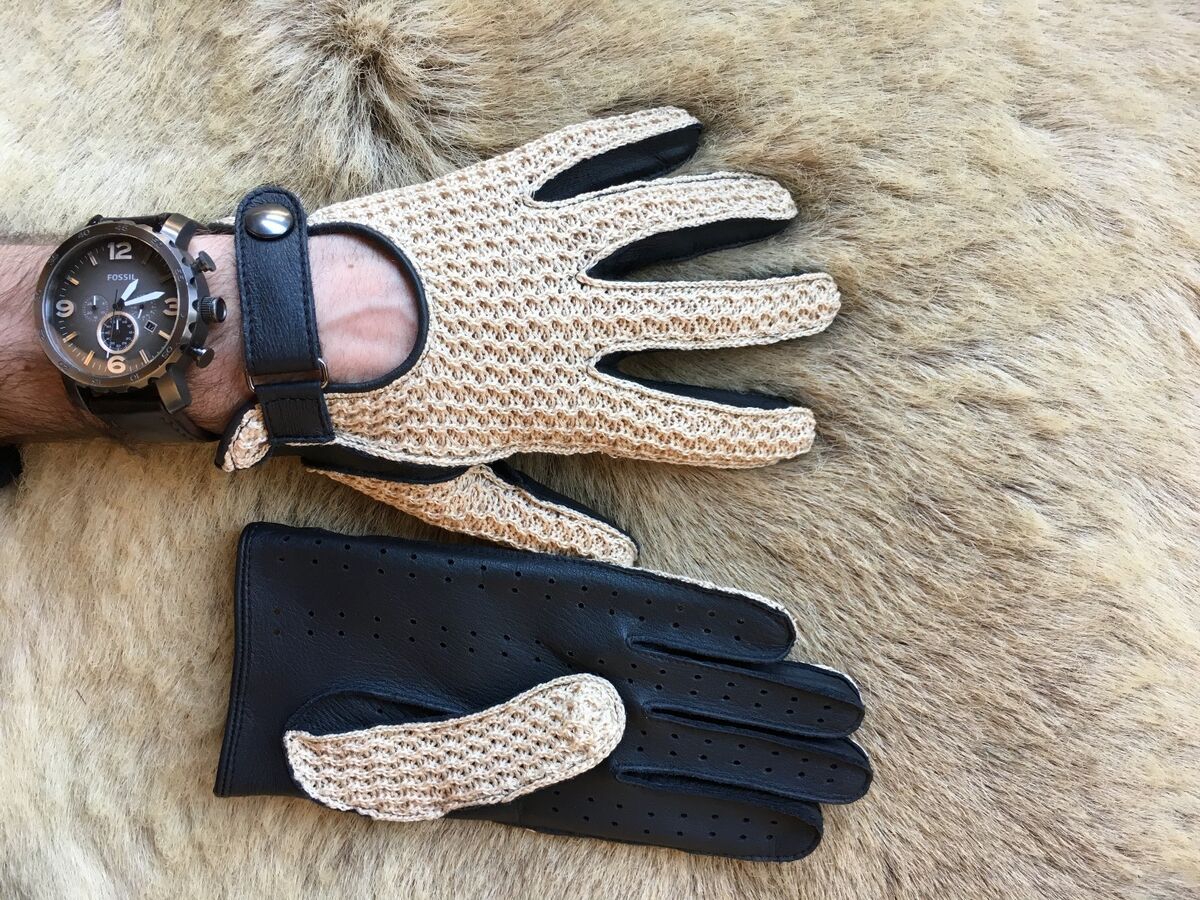 Men’s Crochet Driving Gloves Deerskin Leather Black