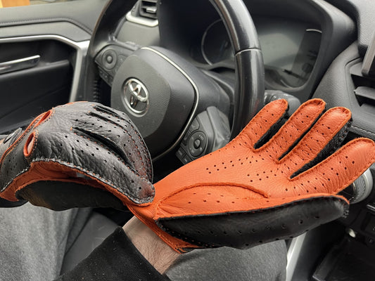 Men’s Deerskin Leather Driving Gloves – Orange & Black, Handmade