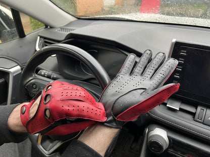 Men’s Deerskin Leather Driving Gloves - Black & Red