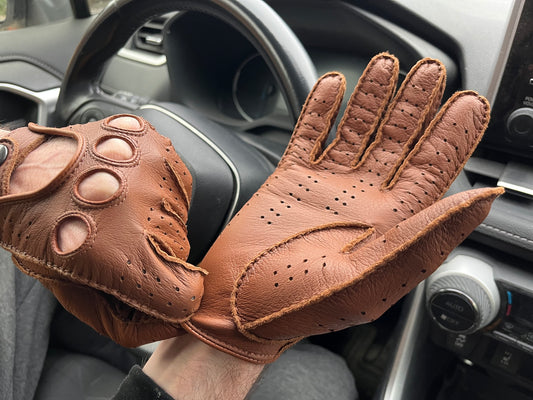 Men’s Driving Leather Gloves – Camel Brown, Handmade Deerskin