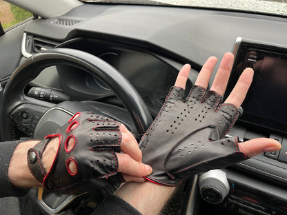 Men's fingerless driving leather gloves lambskin black red