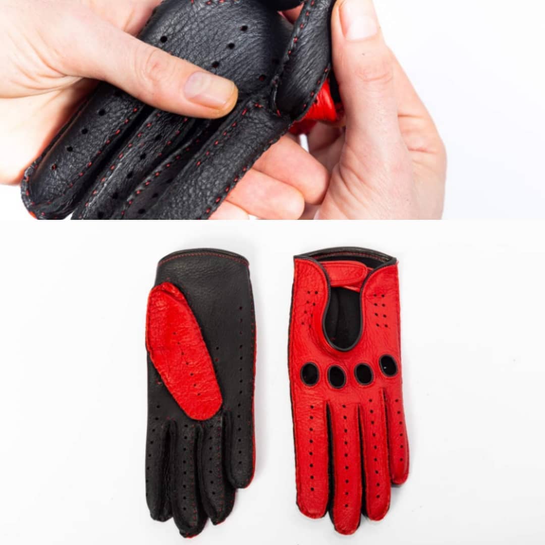 Men’s Deerskin Driving Gloves with Velcro Closure – Black & Yellow, Comfort Fit