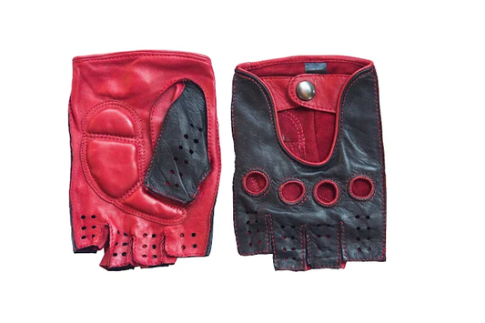 Women's fingerless driving leather gloves lambskin palm padded black red