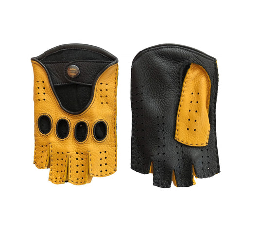 Men's fingerless leather gloves deerskin black yellow