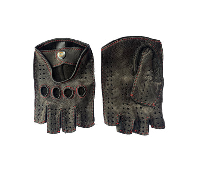 Men's fingerless leather gloves deerskin black with red stitching