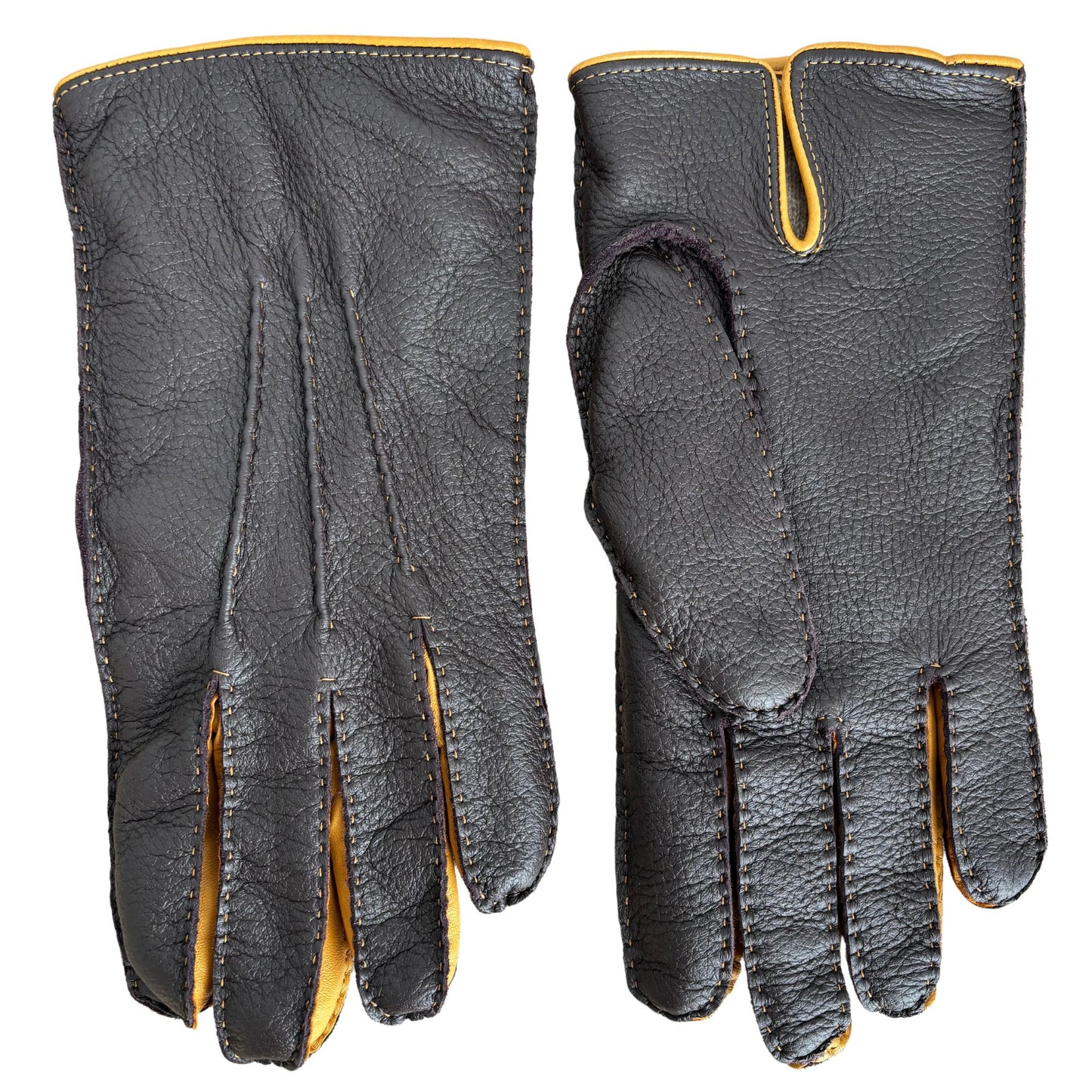 Men's deerskin winter leather gloves black yellow hand sewn