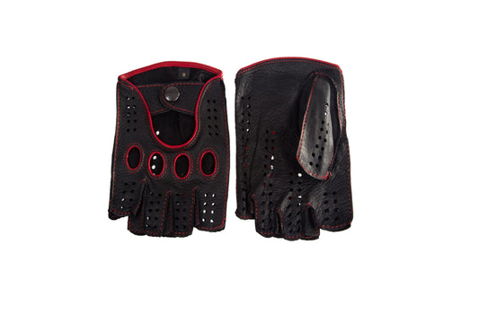 Men's fingerless driving leather gloves deerskin black red