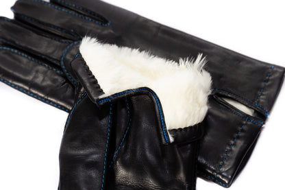 Men's winter gloves black rabbit fur lined lambskin