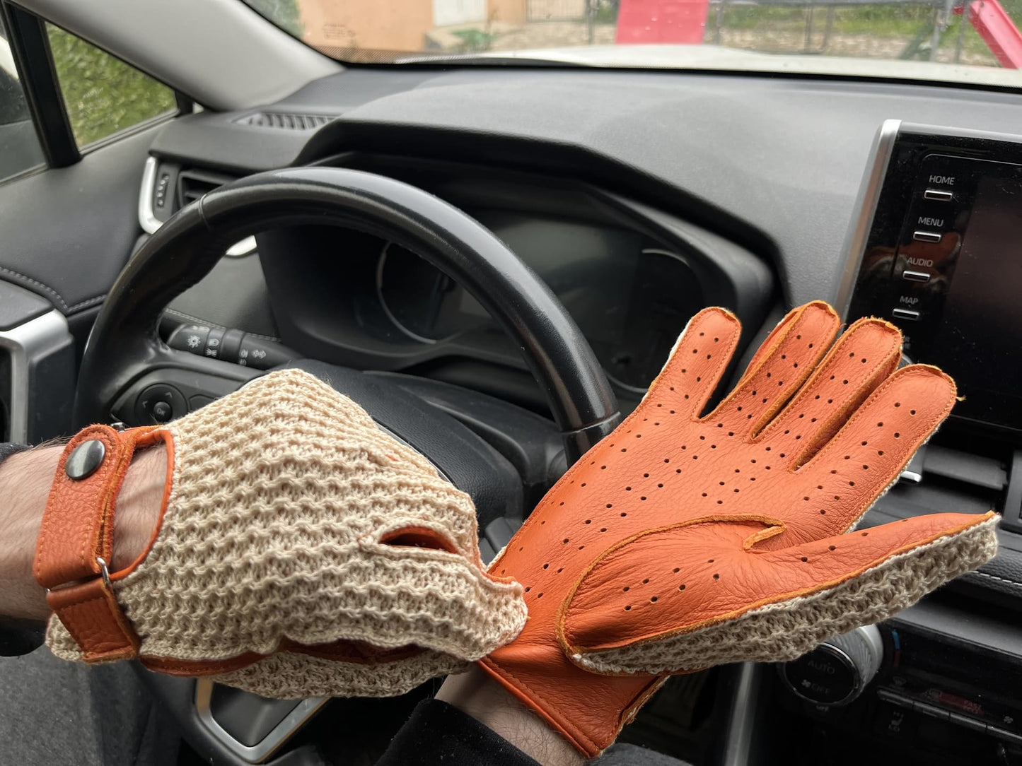 Men’s Crochet Driving Gloves Orange Deerskin