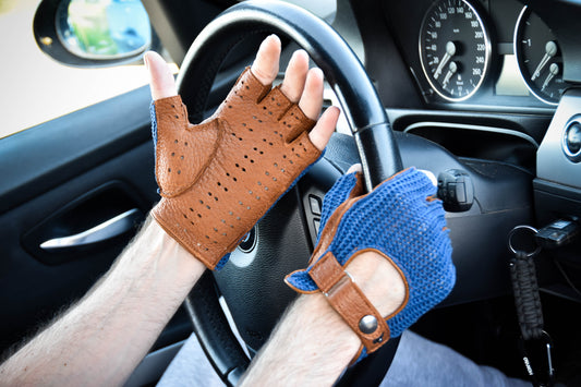 Men's peccary crochet fingerless leather gloves cognac blue