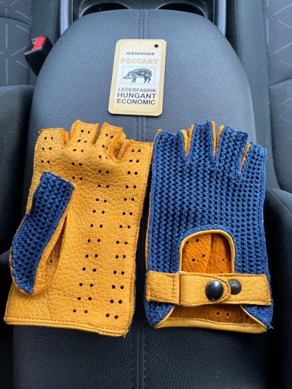 Men's peccary crochet fingerless leather gloves yellow blue