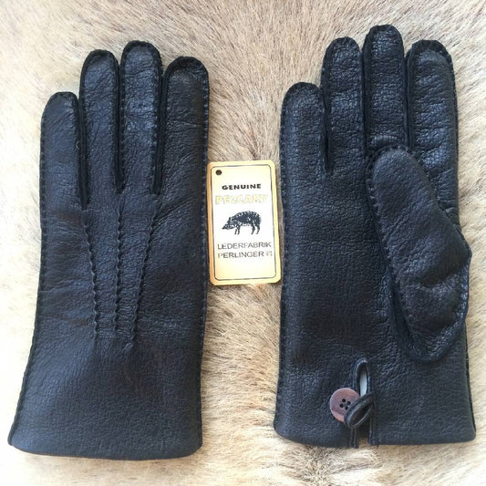Womne's Black Peccary Leather Winter Gloves – Rabbit Fur Lined with Button Closure