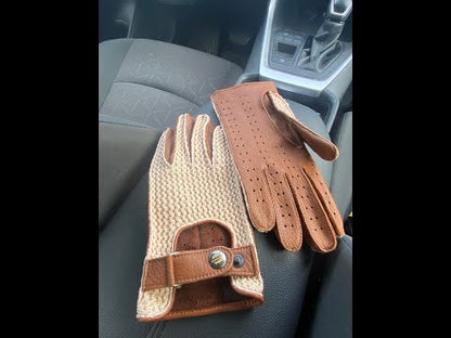 Men’s Premium Crochet Driving Gloves - Camel Brown Deerskin