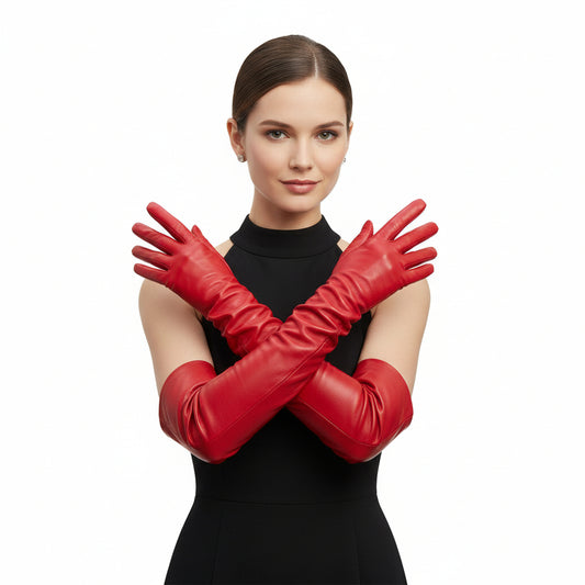 Women's opera long leather gloves Red