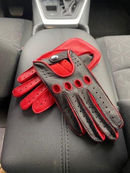 Women's driving gloves black red deerskin