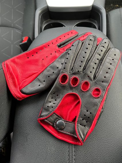 Women's driving gloves black red lambskin