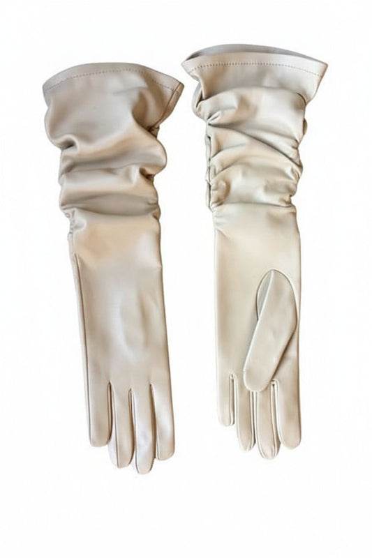 Women’s Semi Long Lambskin Leather Gloves Beige with Side Elastic Detail