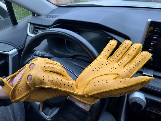 Men’s Driving Leather Gloves – Yellow, Deerskin, Handmade